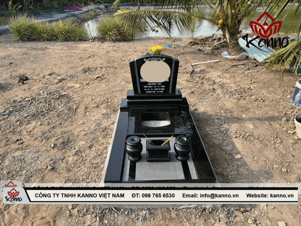 Indian Black Granite Grave in Can Ruoc, Long An – April 2025 Vinh Hang Long Thanh memorial park Hình ảnh mộ đá hoa cương Ấn Độ cao cấp đã hoàn thành tại Cần Ruộc - Long An