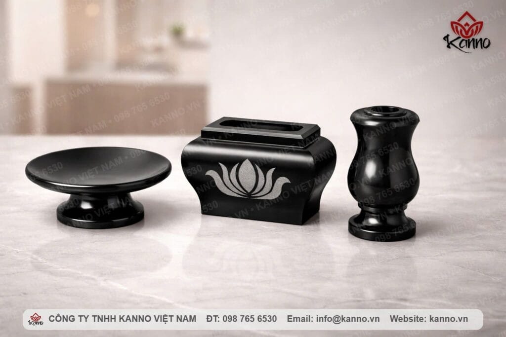 Hình ảnh Bộ phụ kiện thờ cúng bằng đá Granite đen Ấn Độ cao cấp PK01 - Kanno Việt Nam