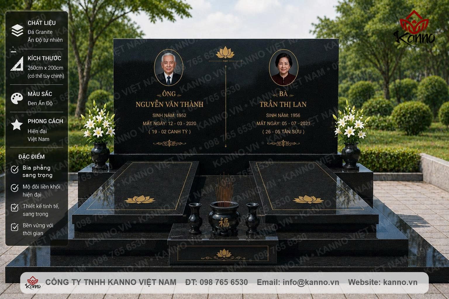 Kích thước mộ đá đôi granite đen Ấn Độ KANNO