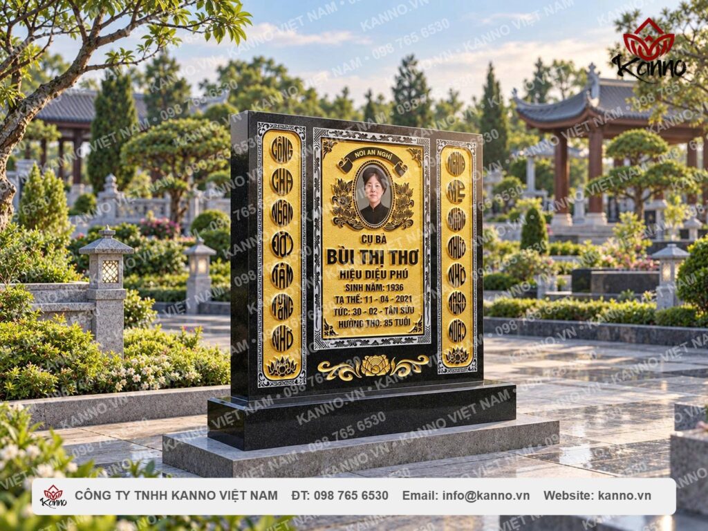 Bia mộ đá hoa cương đen Ấn Độ dát vàng cao cấp Mộ đá hoa cương nguyên khối tam cấp đen Ấn Độ - KN09 Bia mộ đá hoa cương đen Ấn Độ dát vàng cao cấp